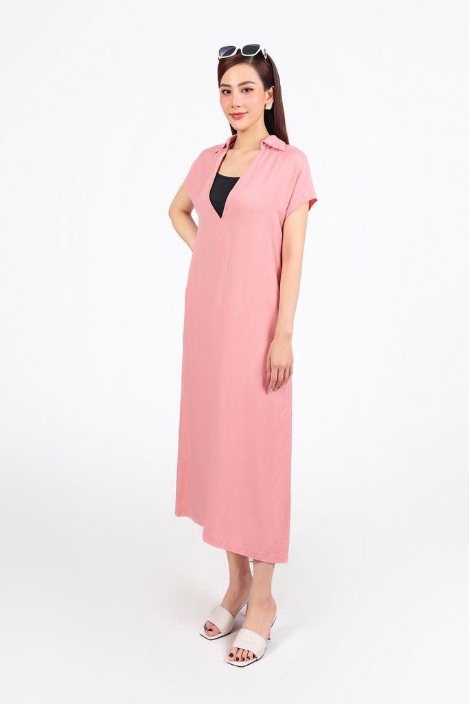 FDP33405 - Đầm dạo phố vải linen dáng suông cổ đức xẻ V sâu kèm áo dây mặc trong - PANTIO