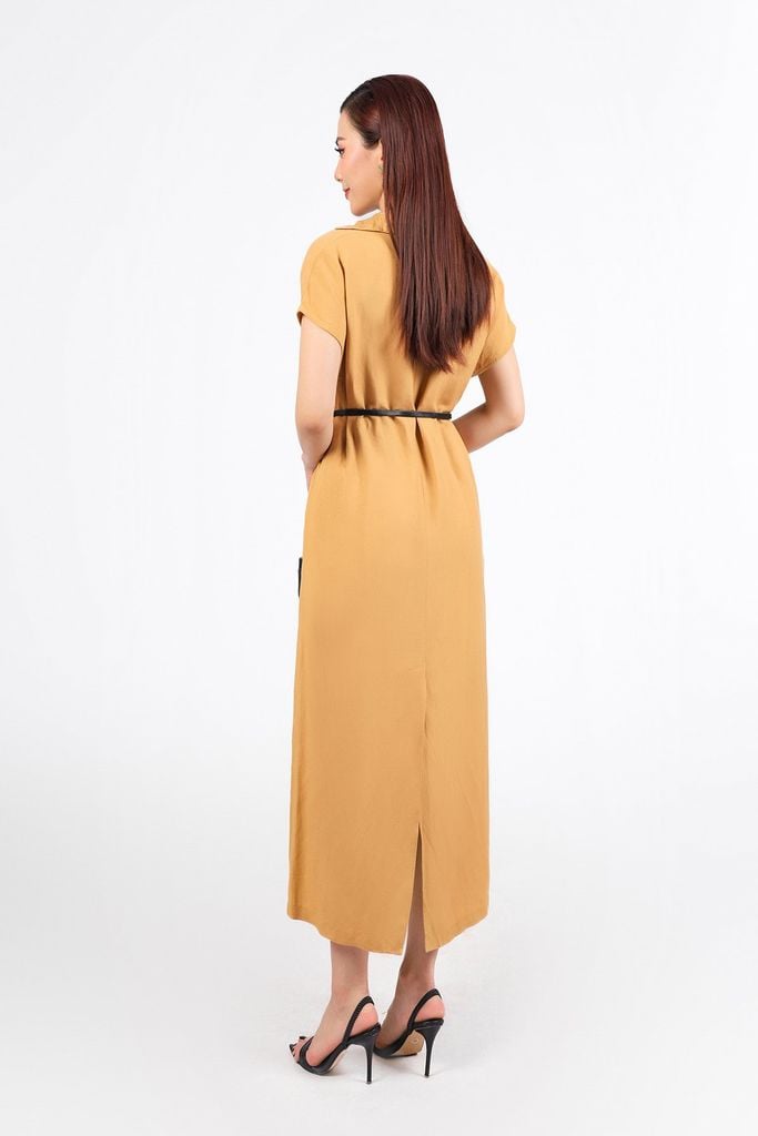 FDP33405 - Đầm dạo phố vải linen dáng suông cổ đức xẻ V sâu kèm áo dây mặc trong - PANTIO