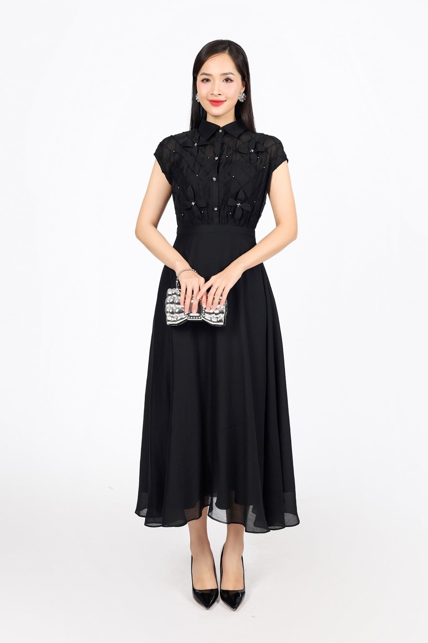 FDP33406 - Đầm dạo phố vải tơ dáng suông cổ đức vai chờm thân váy hoạ tiết hoa 3D đính đá cao cấp khóa thân sau - PANTIO