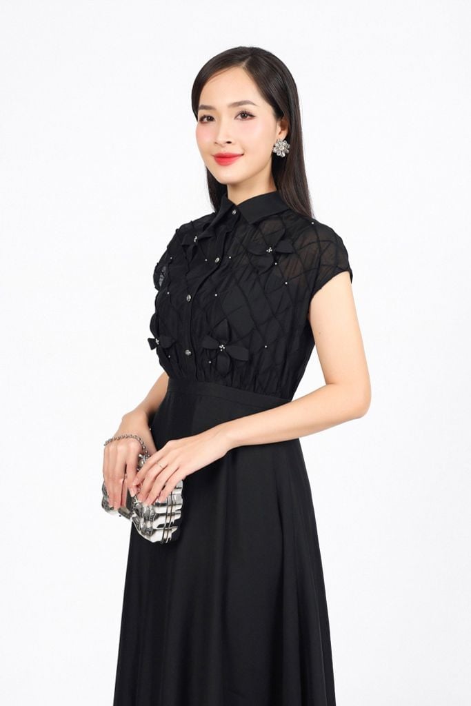 FDP33406 - Đầm dạo phố vải tơ dáng suông cổ đức vai chờm thân váy hoạ tiết hoa 3D đính đá cao cấp khóa thân sau - PANTIO