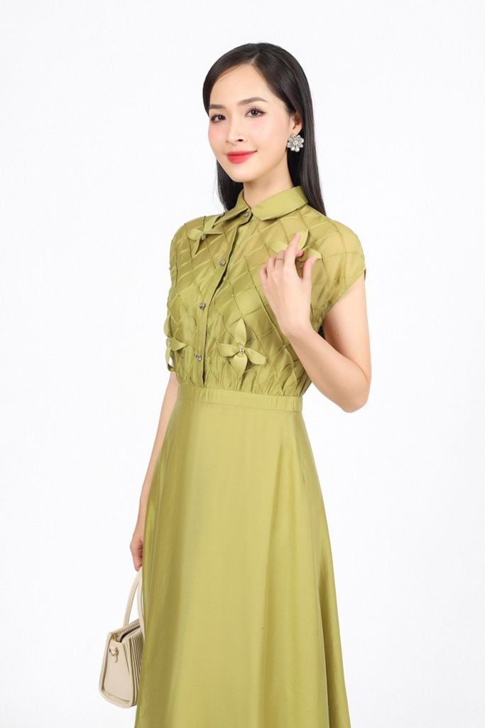 FDP33406 - Đầm dạo phố vải tơ dáng suông cổ đức vai chờm thân váy hoạ tiết hoa 3D đính đá cao cấp khóa thân sau - PANTIO