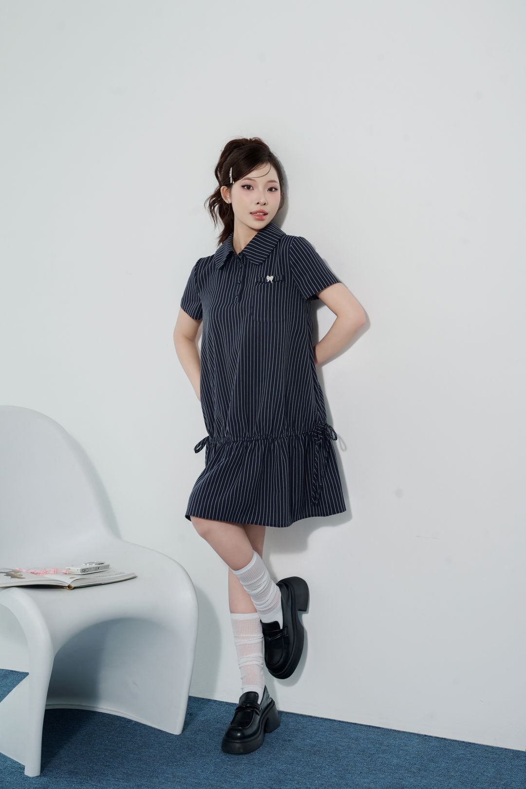 FDP33425 - tylekeo555 kẻ dáng suông tay cộc, khóa giọt lệ thân sau, ly ngực, chân váy dập ly, cổ sen bổ trụ, cúc bọc nấm - JAN.