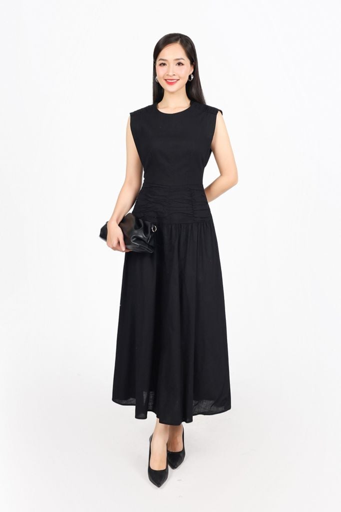 FDP33494 - Đầm dạo phố vải linen dáng A cổ tròn vai chờm eo váy xếp nhún tạo kiểu khoá thân sau - PANTIO