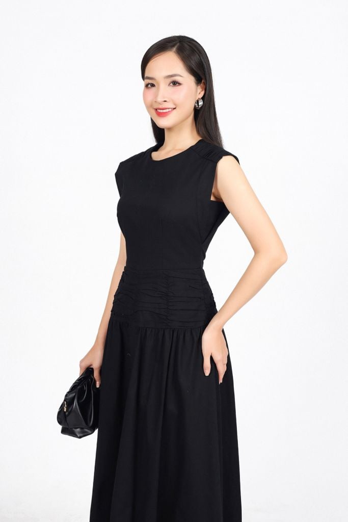 FDP33494 - Đầm dạo phố vải linen dáng A cổ tròn vai chờm eo váy xếp nhún tạo kiểu khoá thân sau - PANTIO