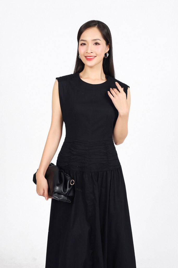 FDP33494 - Đầm dạo phố vải linen dáng A cổ tròn vai chờm eo váy xếp nhún tạo kiểu khoá thân sau - PANTIO