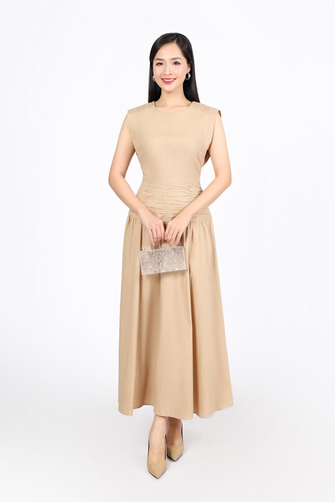 FDP33494 - Đầm dạo phố vải linen dáng A cổ tròn vai chờm eo váy xếp nhún tạo kiểu khoá thân sau - PANTIO