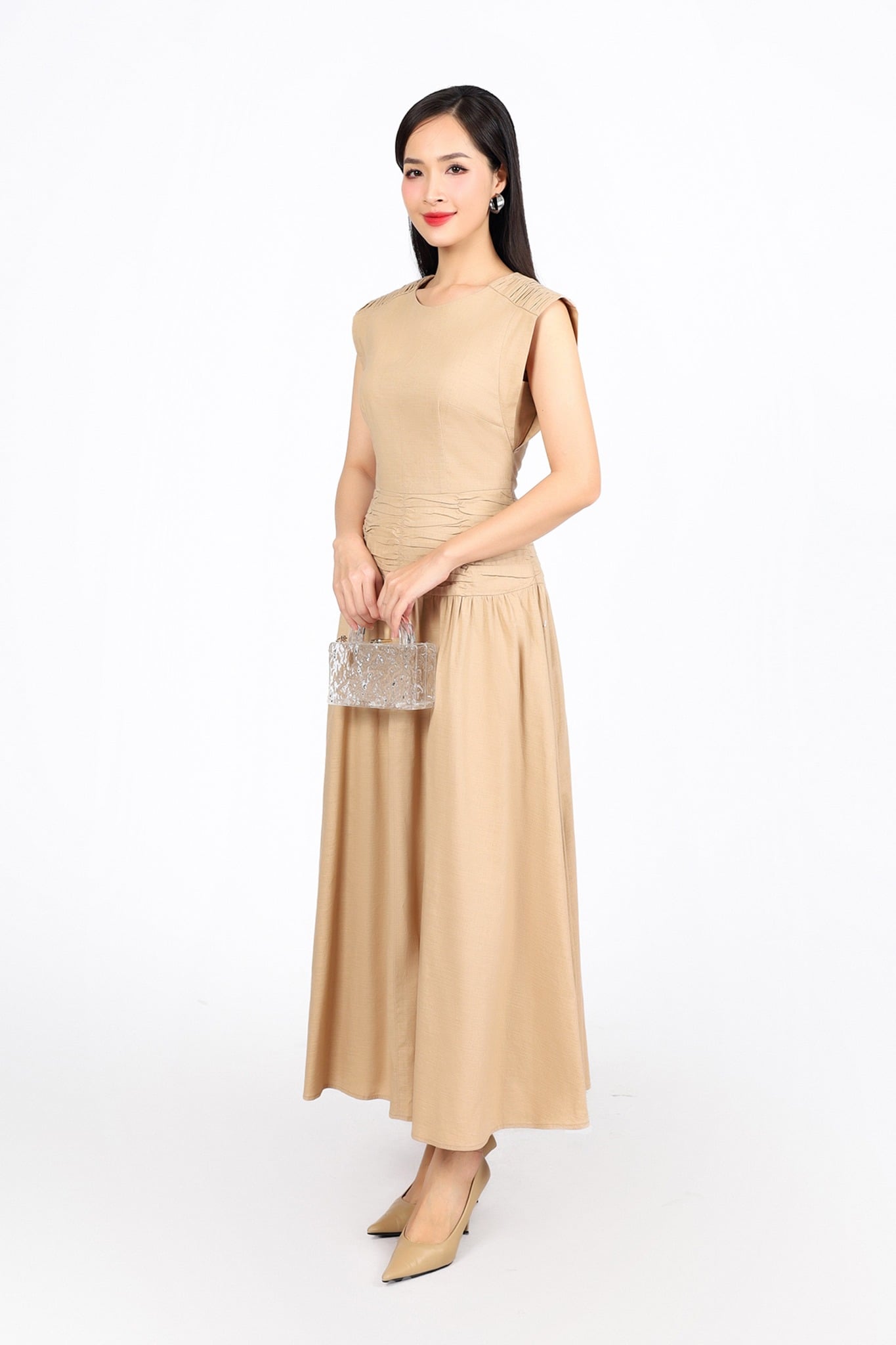 FDP33494 - Đầm dạo phố vải linen dáng A cổ tròn vai chờm eo váy xếp nhún tạo kiểu khoá thân sau - PANTIO