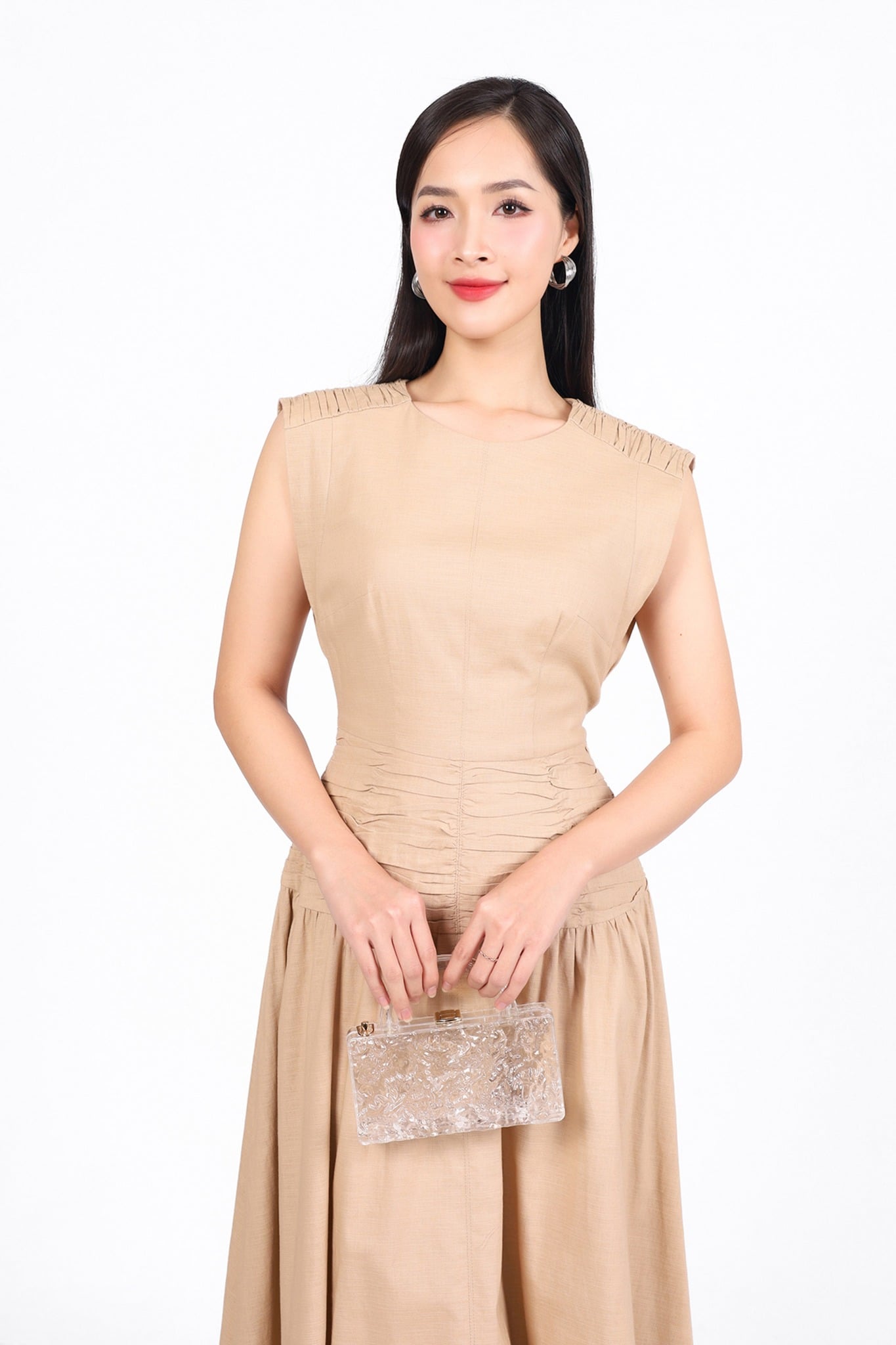 FDP33494 - Đầm dạo phố vải linen dáng A cổ tròn vai chờm eo váy xếp nhún tạo kiểu khoá thân sau - PANTIO