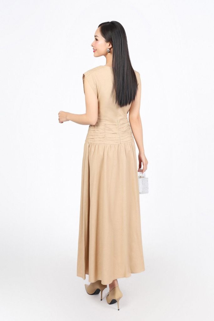 FDP33494 - Đầm dạo phố vải linen dáng A cổ tròn vai chờm eo váy xếp nhún tạo kiểu khoá thân sau - PANTIO