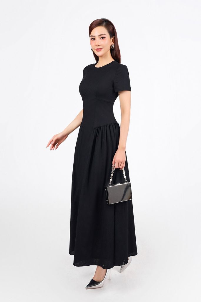 FDP33511 - Đầm dạo phố vải linen cổ tròn thân váy xếp nhún hông tạo xoè khoá thân sau - PANTIO