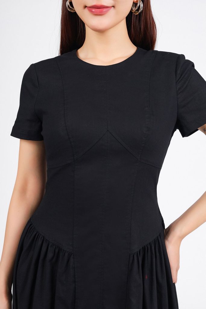 FDP33511 - Đầm dạo phố vải linen cổ tròn thân váy xếp nhún hông tạo xoè khoá thân sau - PANTIO
