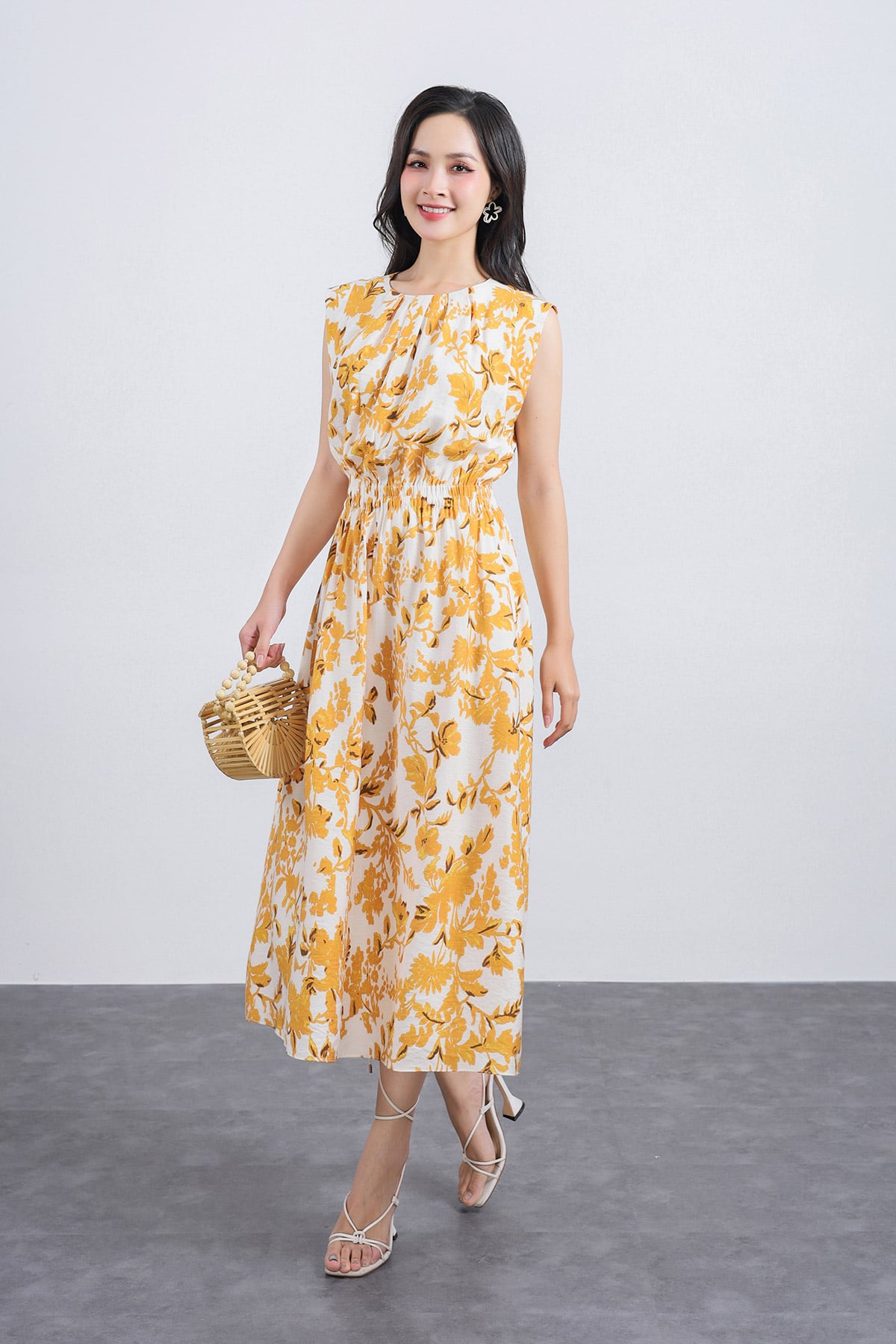 FDP33520 - Đầm dạo phố vải tơ dáng suông cổ tròn vai chờm eo bo chun co giãn - PANTIO