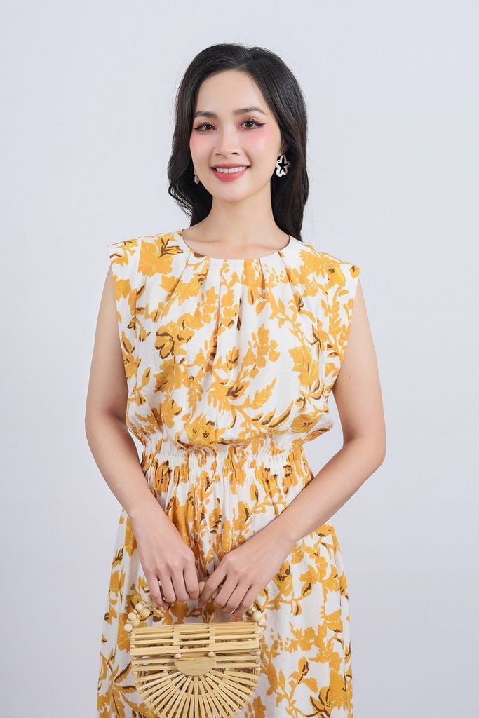 FDP33520 - Đầm dạo phố vải tơ dáng suông cổ tròn vai chờm eo bo chun co giãn - PANTIO