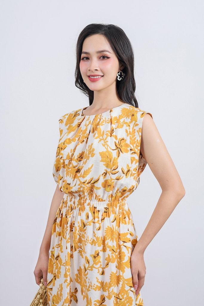 FDP33520 - Đầm dạo phố vải tơ dáng suông cổ tròn vai chờm eo bo chun co giãn - PANTIO