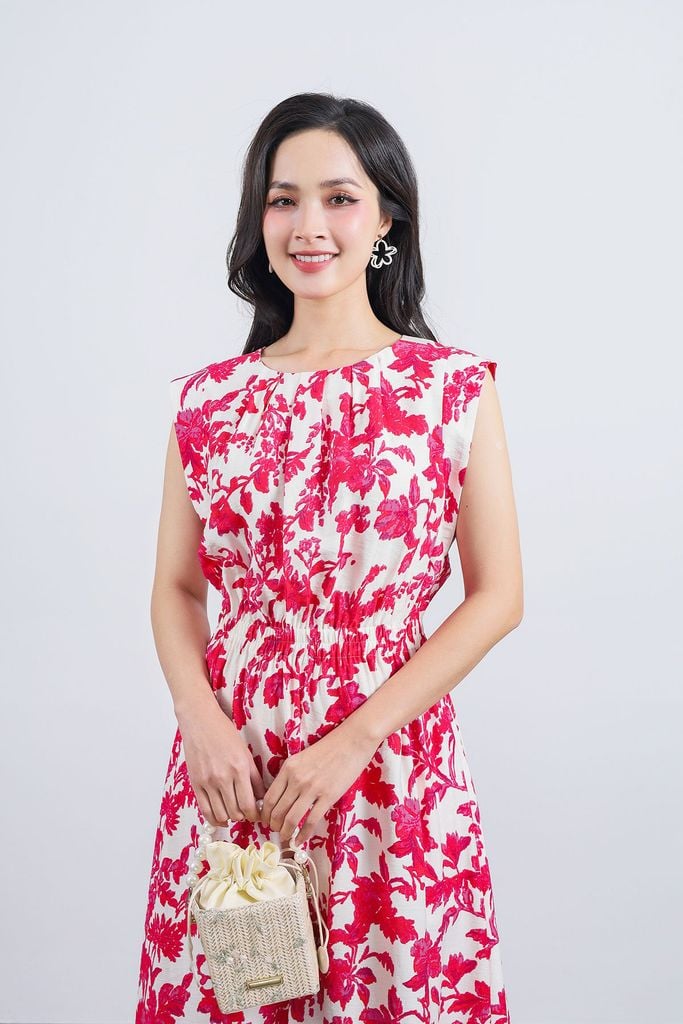 FDP33520 - Đầm dạo phố vải tơ dáng suông cổ tròn vai chờm eo bo chun co giãn - PANTIO