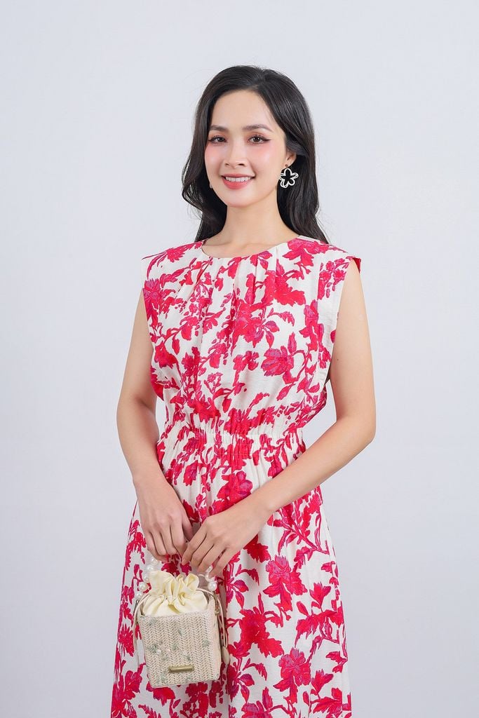 FDP33520 - Đầm dạo phố vải tơ dáng suông cổ tròn vai chờm eo bo chun co giãn - PANTIO