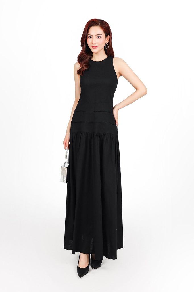 FDP33542 - Đầm dạo phố vải linen dáng A xòe cổ tròn không tay thân váy xếp nhún tạo xoè khoá thân sau - PANTIO