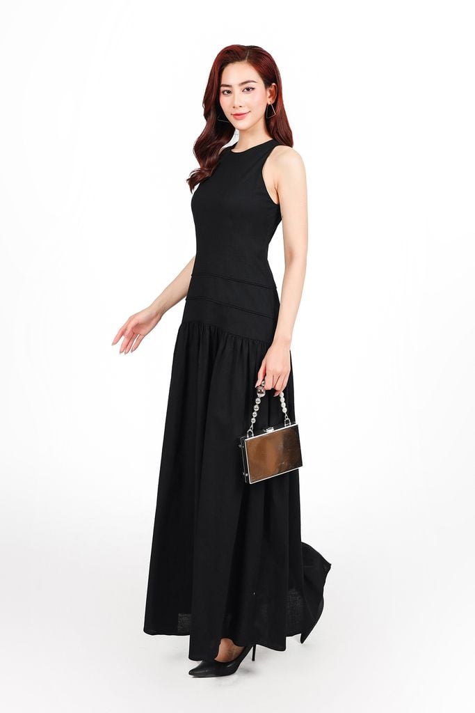 FDP33542 - Đầm dạo phố vải linen dáng A xòe cổ tròn không tay thân váy xếp nhún tạo xoè khoá thân sau - PANTIO