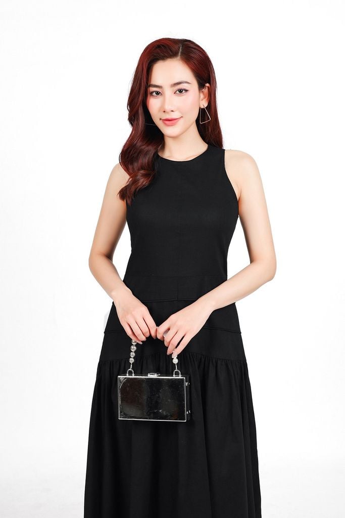 FDP33542 - Đầm dạo phố vải linen dáng A xòe cổ tròn không tay thân váy xếp nhún tạo xoè khoá thân sau - PANTIO