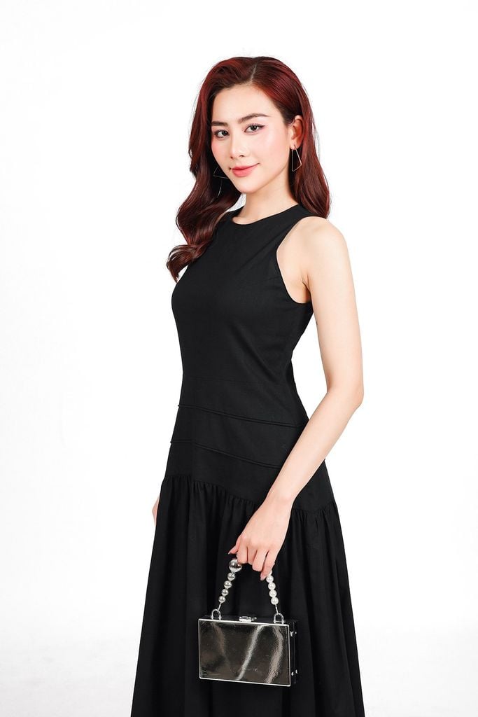 FDP33542 - Đầm dạo phố vải linen dáng A xòe cổ tròn không tay thân váy xếp nhún tạo xoè khoá thân sau - PANTIO
