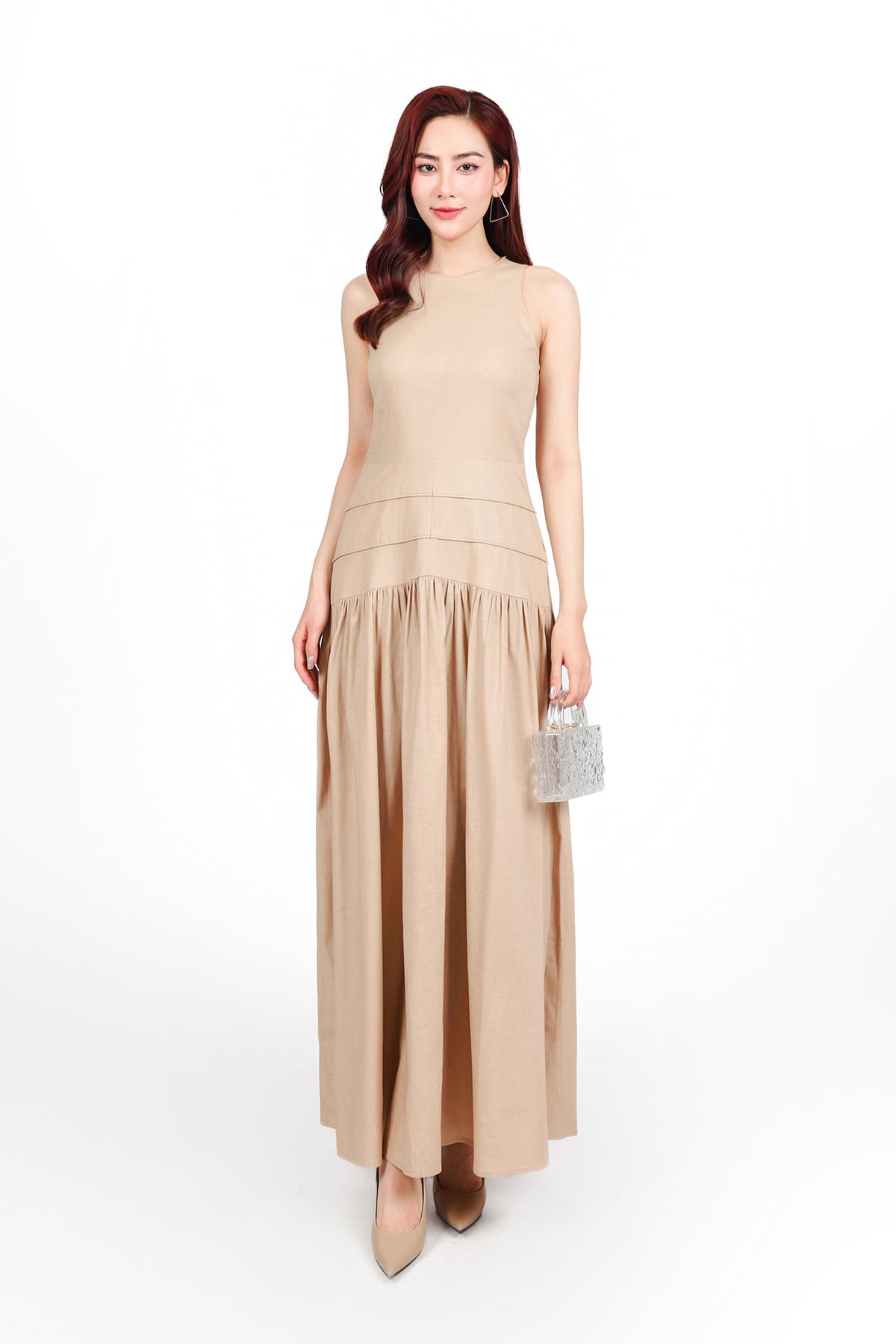 FDP33542 - Đầm dạo phố vải linen dáng A xòe cổ tròn không tay thân váy xếp nhún tạo xoè khoá thân sau - PANTIO