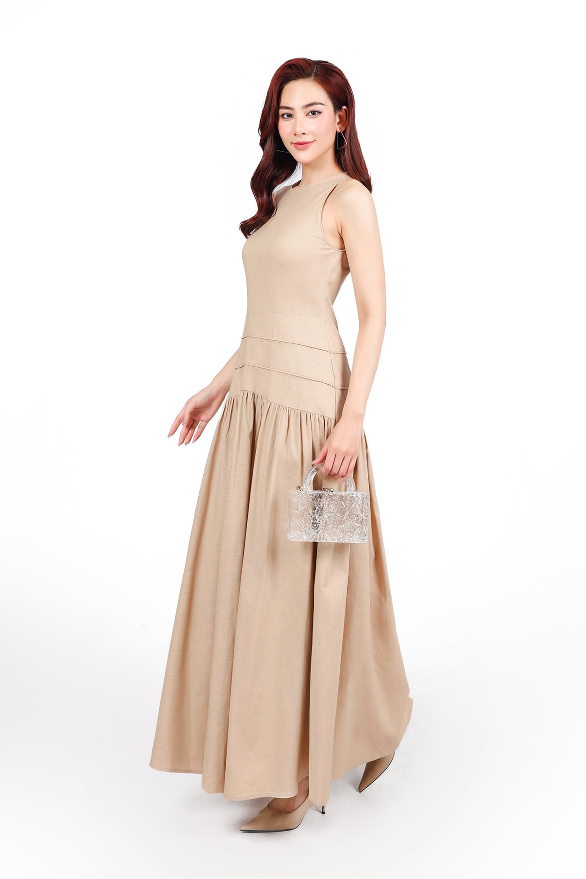 FDP33542 - Đầm dạo phố vải linen dáng A xòe cổ tròn không tay thân váy xếp nhún tạo xoè khoá thân sau - PANTIO