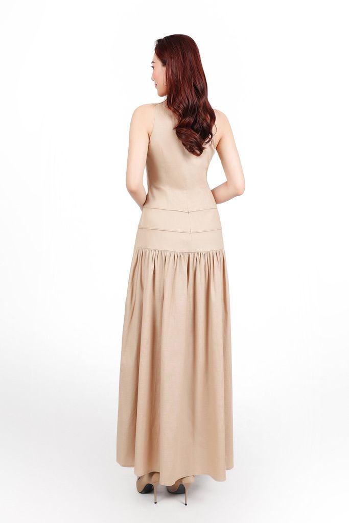 FDP33542 - Đầm dạo phố vải linen dáng A xòe cổ tròn không tay thân váy xếp nhún tạo xoè khoá thân sau - PANTIO
