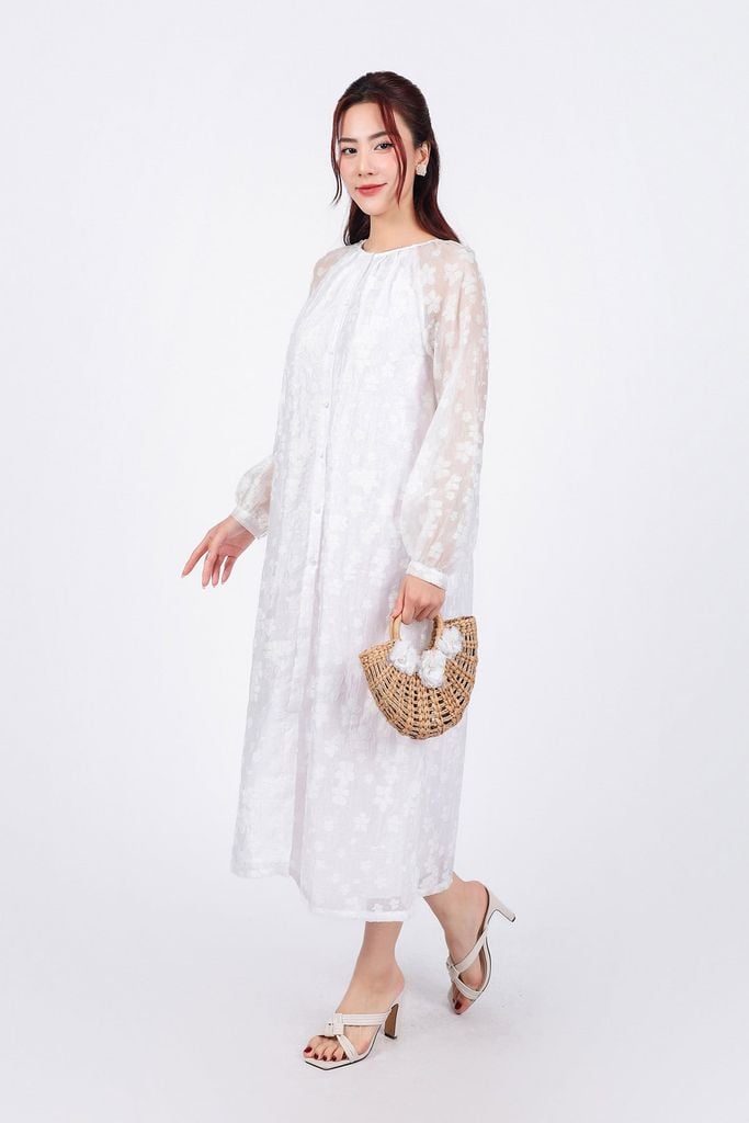 FDP53363 - Đầm dạo phố vải tơ hoạ tiết hoa thời trang dáng suông cổ tròn tay dài cài khuy trước - PANTIO