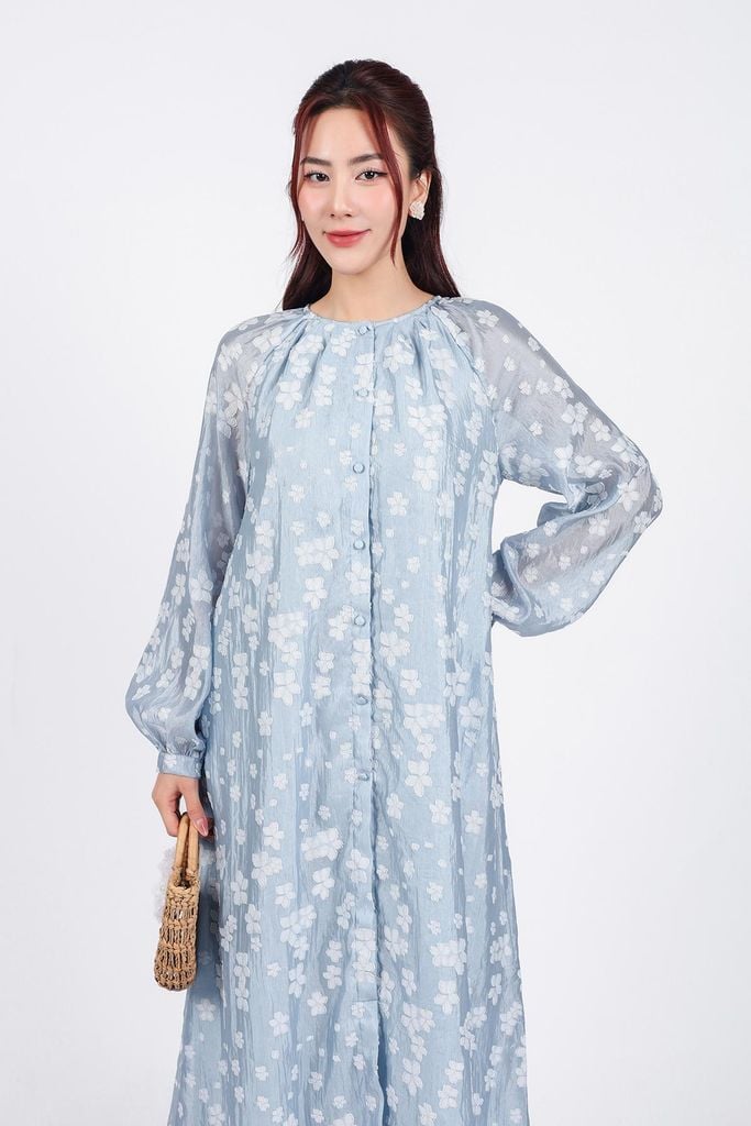 FDP53363 - Đầm dạo phố vải tơ hoạ tiết hoa thời trang dáng suông cổ tròn tay dài cài khuy trước - PANTIO