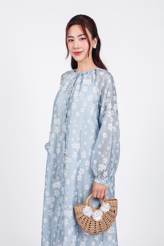 FDP53363 - Đầm dạo phố vải tơ hoạ tiết hoa thời trang dáng suông cổ tròn tay dài cài khuy trước - PANTIO