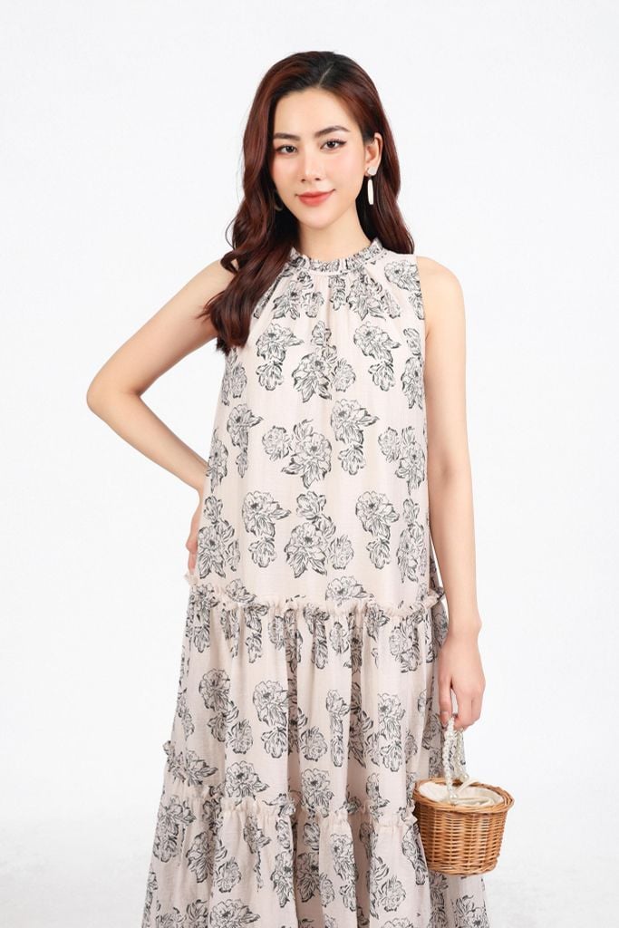 FDP53365 - Đầm dạo phố vải tơ hoa dáng suông cổ tròn phối ren không tay thân váy xếp tầng tạo kiểu - PANTIO