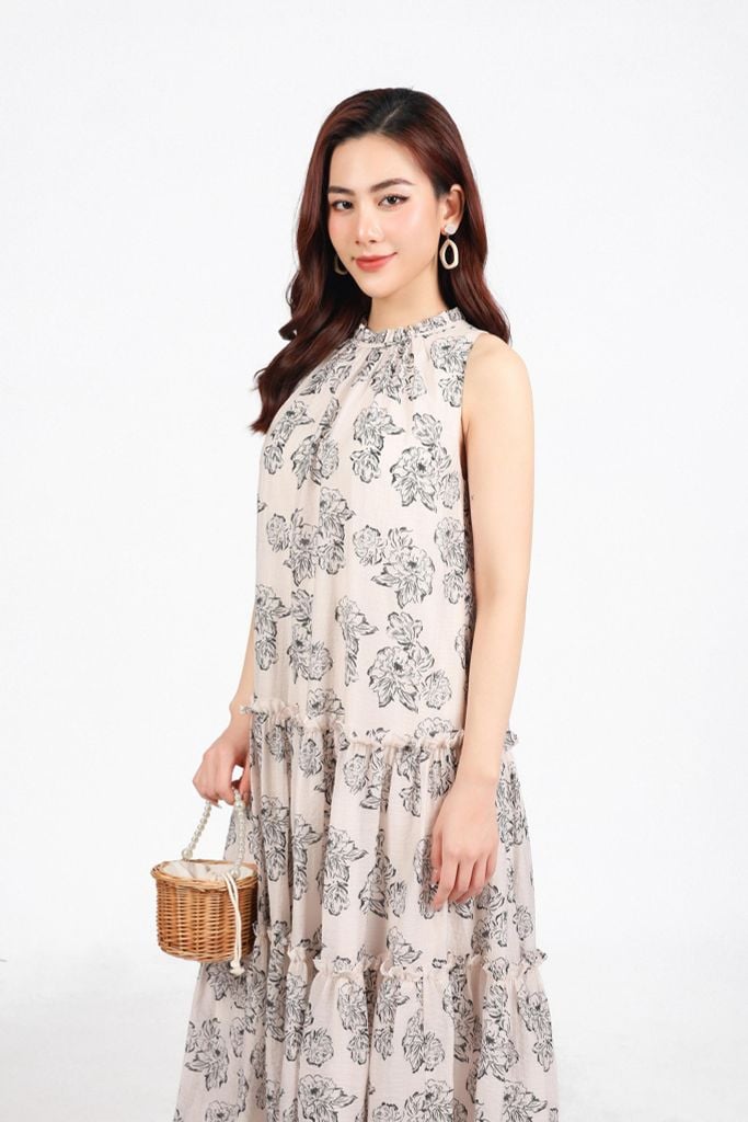 FDP53365 - Đầm dạo phố vải tơ hoa dáng suông cổ tròn phối ren không tay thân váy xếp tầng tạo kiểu - PANTIO