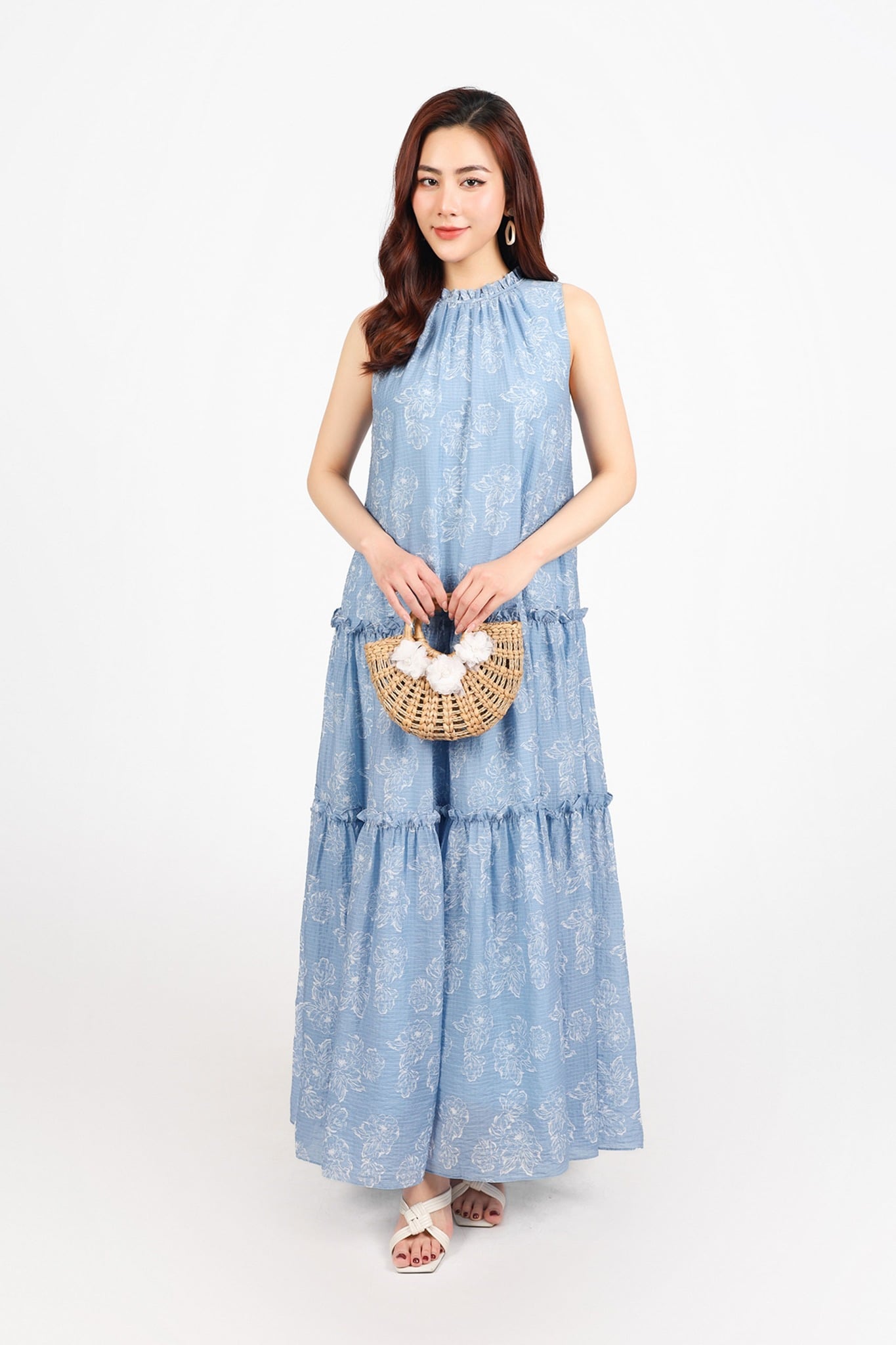 FDP53365 - Đầm dạo phố vải tơ hoa dáng suông cổ tròn phối ren không tay thân váy xếp tầng tạo kiểu - PANTIO