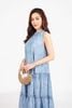 FDP53365 - Đầm dạo phố vải tơ hoa dáng suông cổ tròn phối ren không tay thân váy xếp tầng tạo kiểu - PANTIO