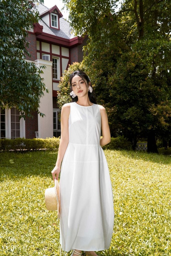 FDP53400 - Đầm dạo phố vải thô kate dáng bom xoè cổ tròn thân váy xếp ly tạo kiểu khoá thân sau - PANTIO