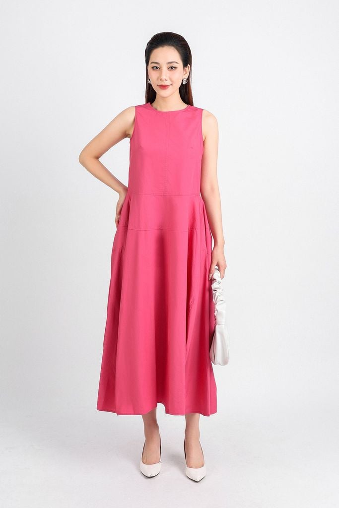 FDP53400 - Đầm dạo phố vải thô kate dáng bom xoè cổ tròn thân váy xếp ly tạo kiểu khoá thân sau - PANTIO