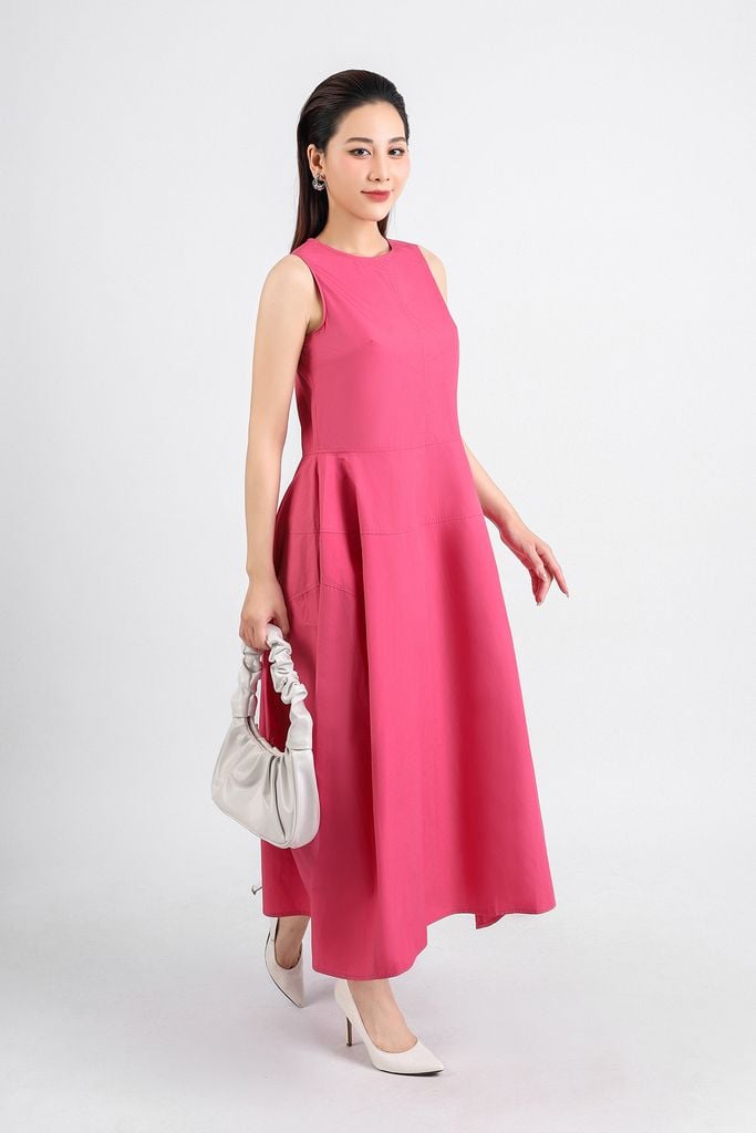 FDP53400 - Đầm dạo phố vải thô kate dáng bom xoè cổ tròn thân váy xếp ly tạo kiểu khoá thân sau - PANTIO