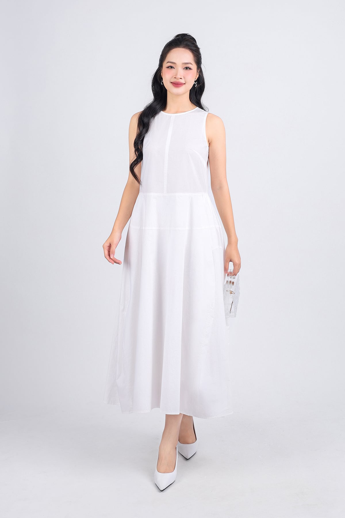 FDP53400 - Đầm dạo phố vải thô kate dáng bom xoè cổ tròn thân váy xếp ly tạo kiểu khoá thân sau - PANTIO