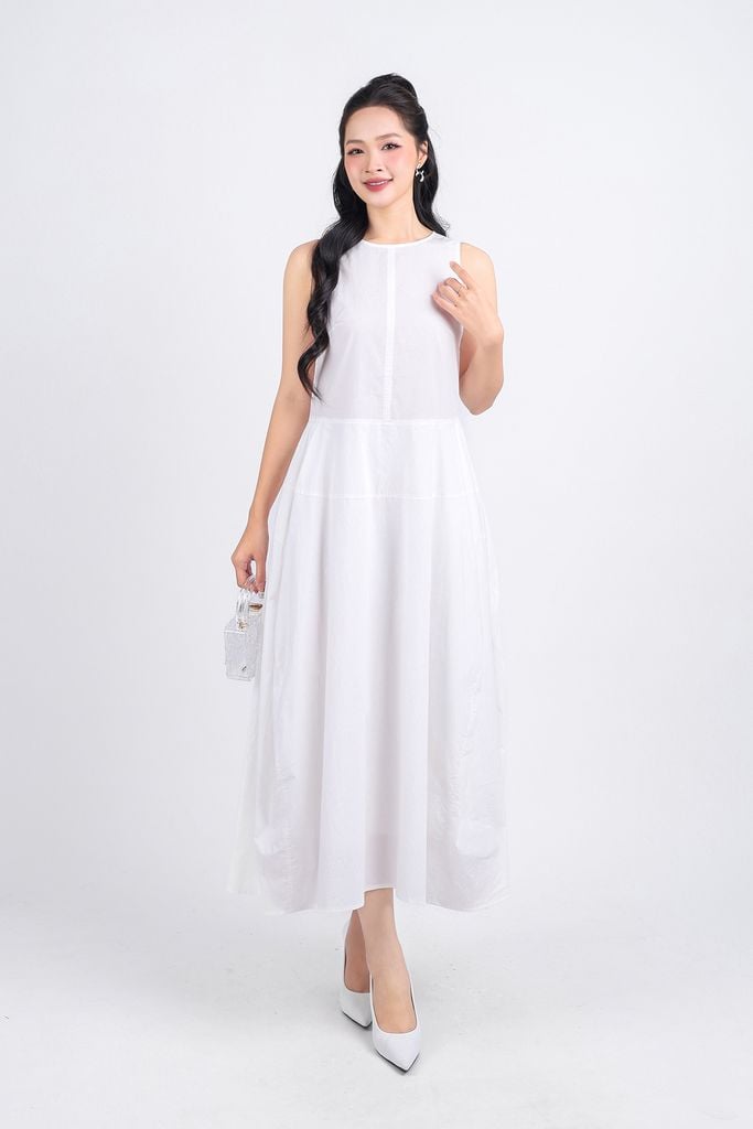 FDP53400 - Đầm dạo phố vải thô kate dáng bom xoè cổ tròn thân váy xếp ly tạo kiểu khoá thân sau - PANTIO