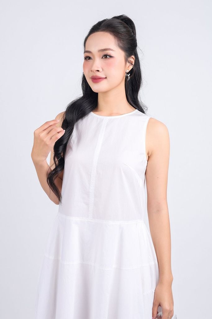 FDP53400 - Đầm dạo phố vải thô kate dáng bom xoè cổ tròn thân váy xếp ly tạo kiểu khoá thân sau - PANTIO