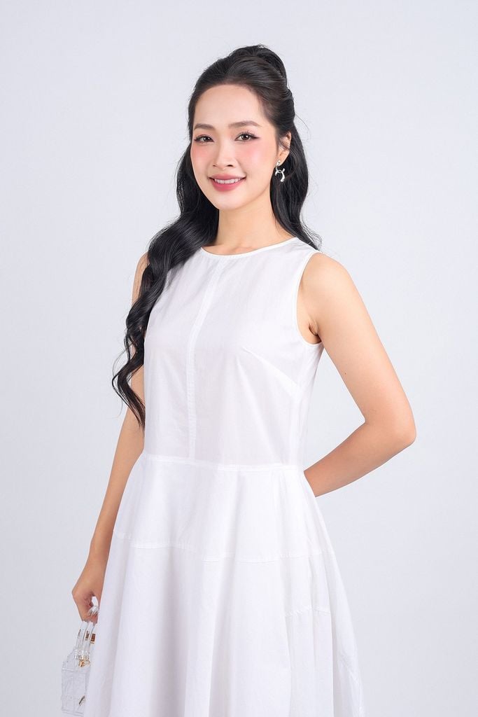 FDP53400 - Đầm dạo phố vải thô kate dáng bom xoè cổ tròn thân váy xếp ly tạo kiểu khoá thân sau - PANTIO