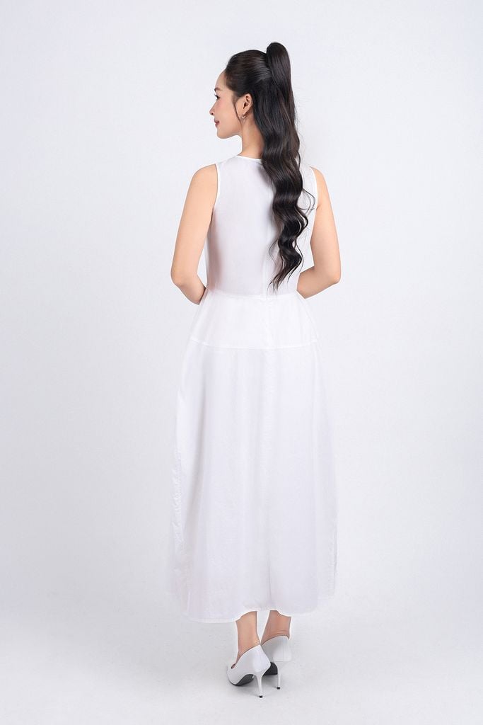FDP53400 - Đầm dạo phố vải thô kate dáng bom xoè cổ tròn thân váy xếp ly tạo kiểu khoá thân sau - PANTIO