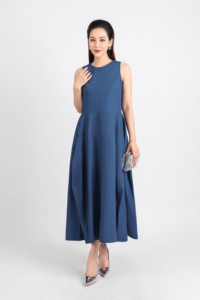 FDP53400 - Đầm dạo phố vải thô kate dáng bom xoè cổ tròn thân váy xếp ly tạo kiểu khoá thân sau - PANTIO