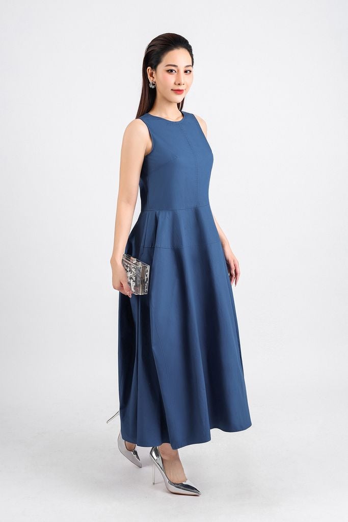 FDP53400 - Đầm dạo phố vải thô kate dáng bom xoè cổ tròn thân váy xếp ly tạo kiểu khoá thân sau - PANTIO
