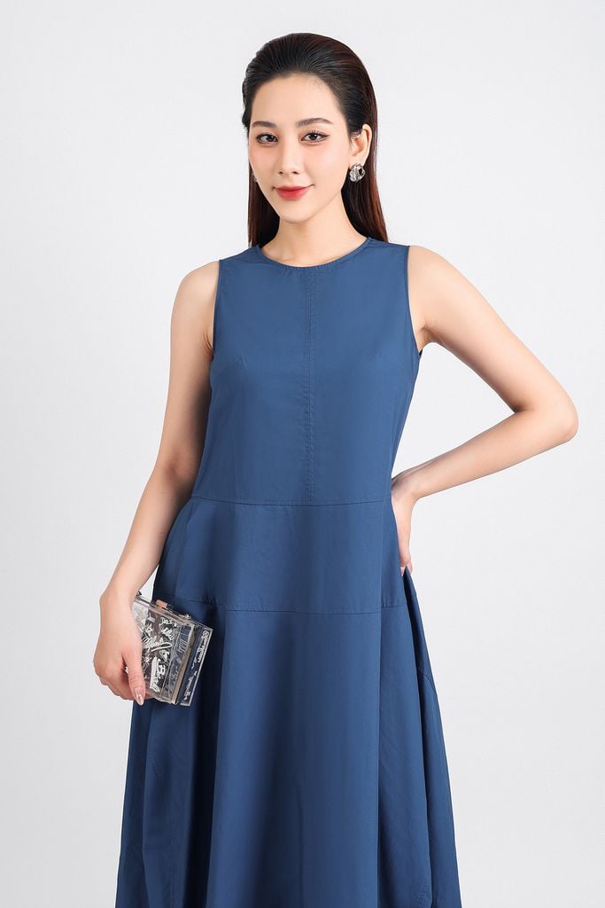 FDP53400 - Đầm dạo phố vải thô kate dáng bom xoè cổ tròn thân váy xếp ly tạo kiểu khoá thân sau - PANTIO