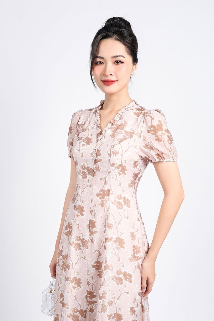 FDP53411 - Đầm dạo phố vải tơ hoa dáng suông cổ xẻ V phối viền ren tay bồng nhẹ khoá thân sau - PANTIO