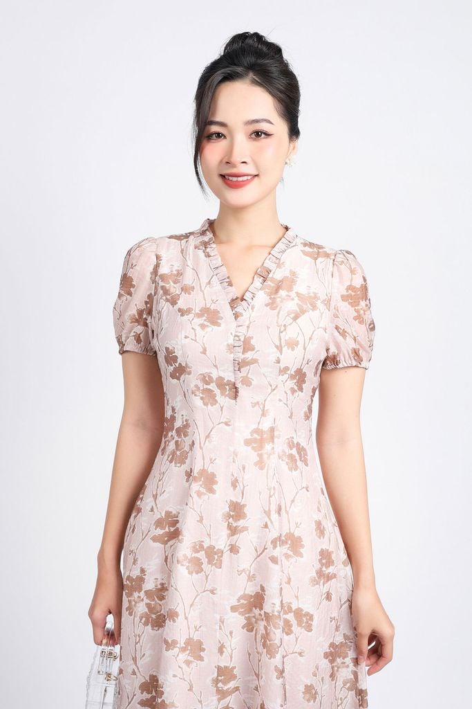 FDP53411 - Đầm dạo phố vải tơ hoa dáng suông cổ xẻ V phối viền ren tay bồng nhẹ khoá thân sau - PANTIO