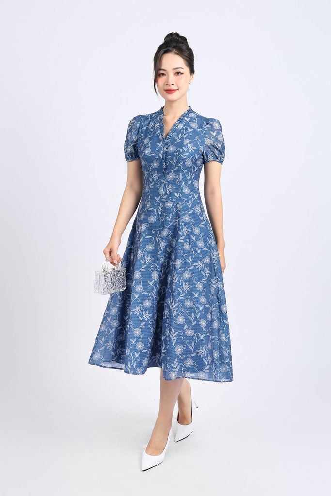 FDP53411 - Đầm dạo phố vải tơ hoa dáng suông cổ xẻ V phối viền ren tay bồng nhẹ khoá thân sau - PANTIO