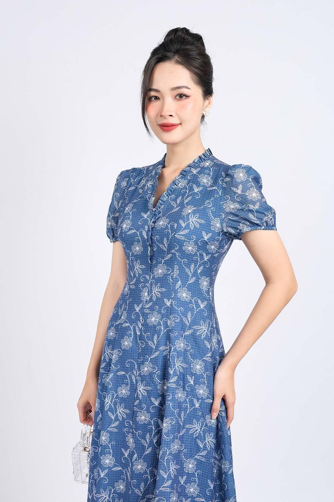 FDP53411 - Đầm dạo phố vải tơ hoa dáng suông cổ xẻ V phối viền ren tay bồng nhẹ khoá thân sau - PANTIO