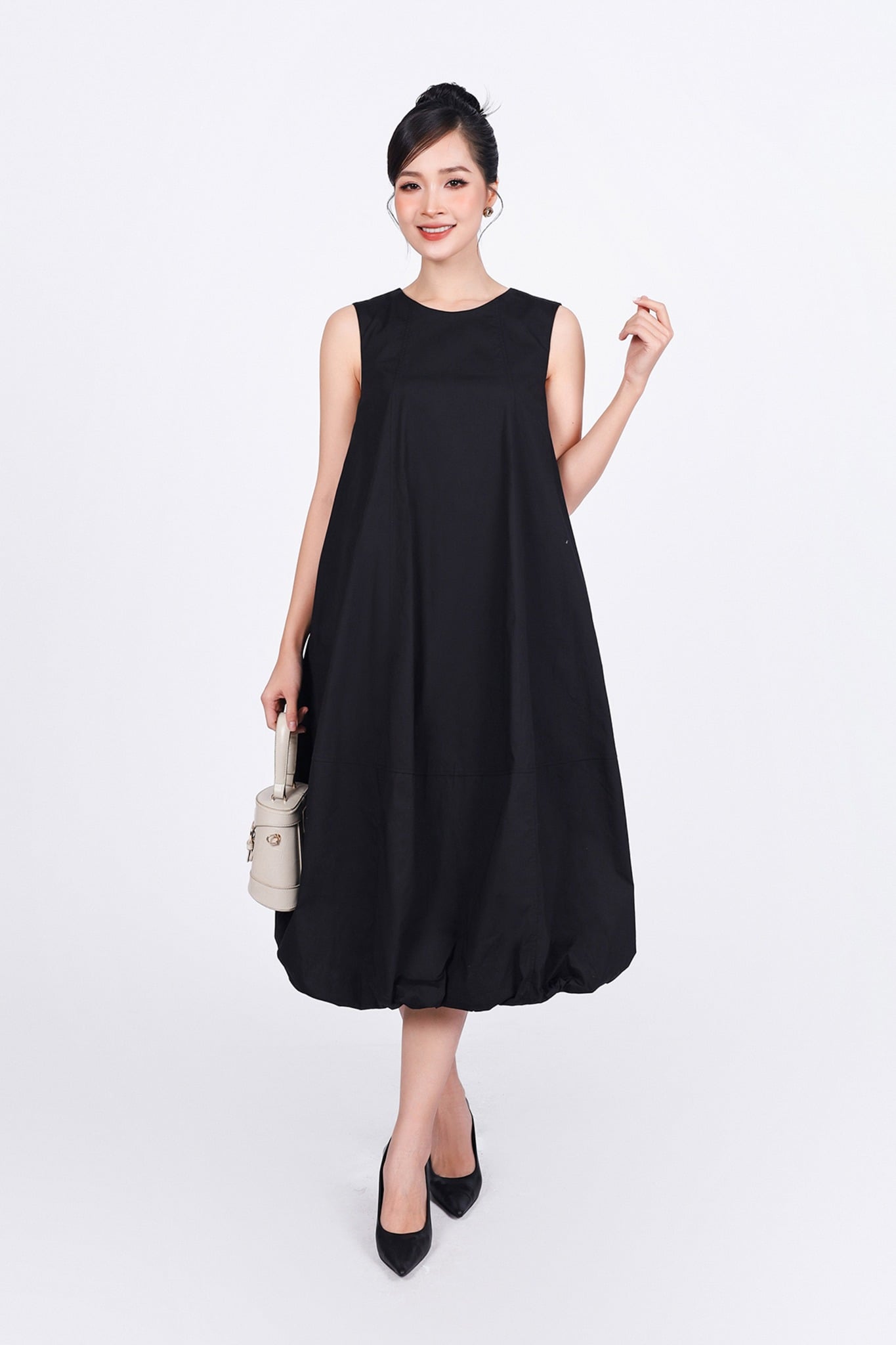 FDP53701 - Đầm dạo phố vải thô kate dáng bom cổ tròn không tay - PANTIO